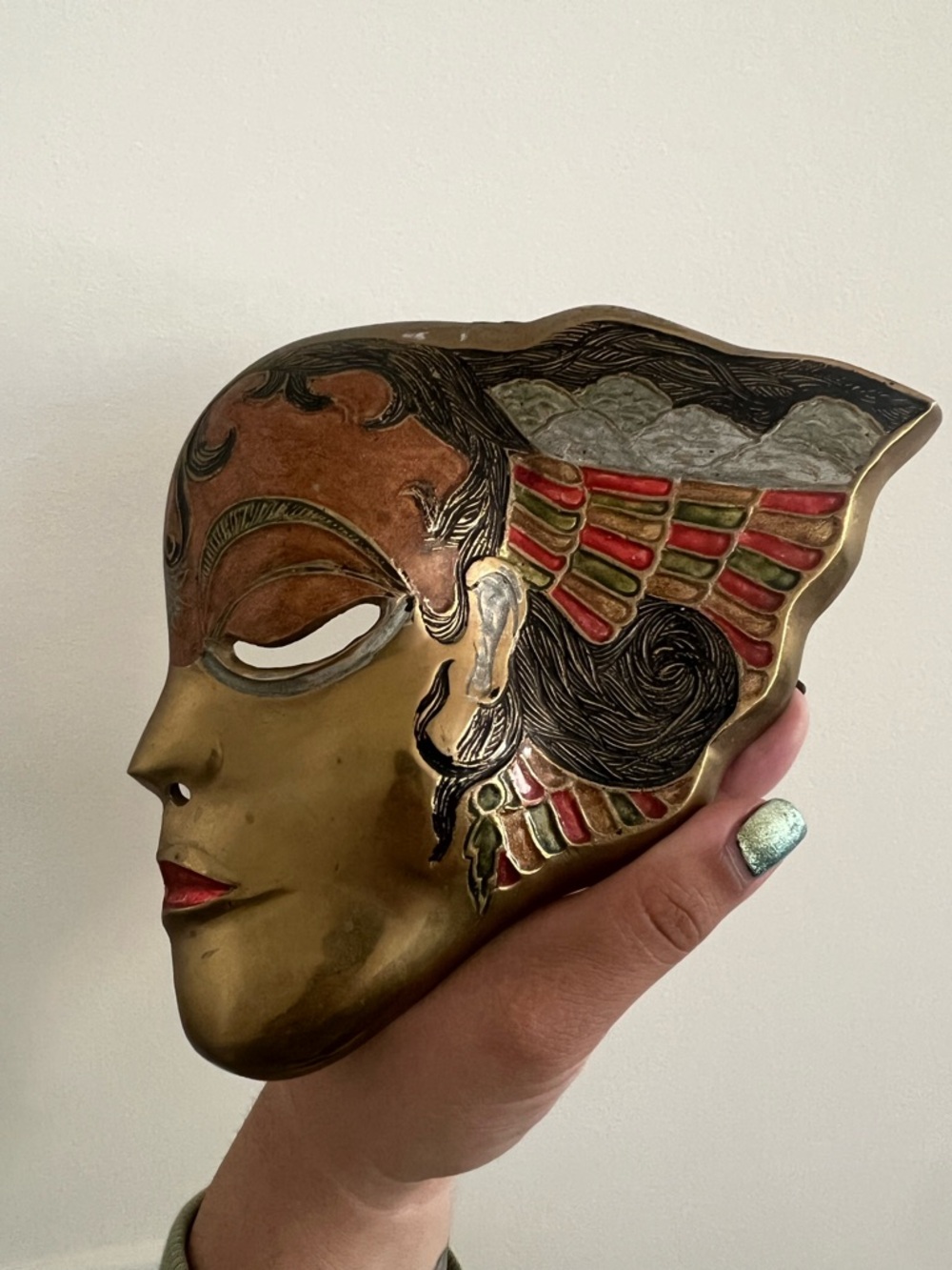 Roaring Twenties Painted Ladies Face on Brass Art Deco Style Wall Hanging